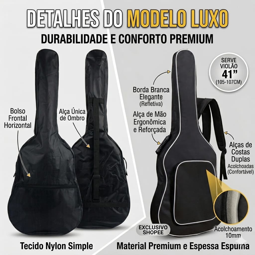 Capa Para Violão 41 Polegadas Bag Luxo Acolchoada E Modelo Standard Simples Preta