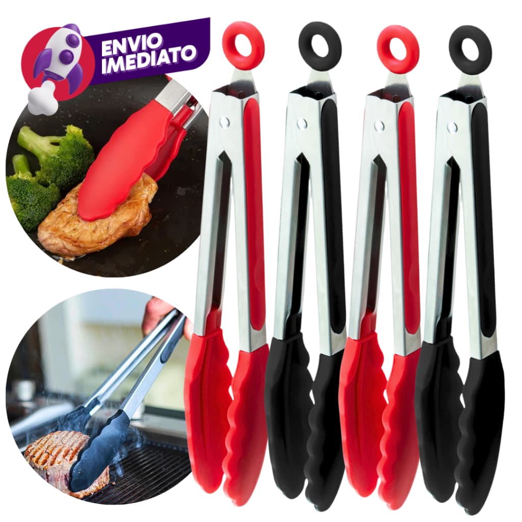 Pegador Pinça Culinária 34Cm Inox E Silicone Com Pé Apoio Salada Churrasco Massa Cozinha Restaurante