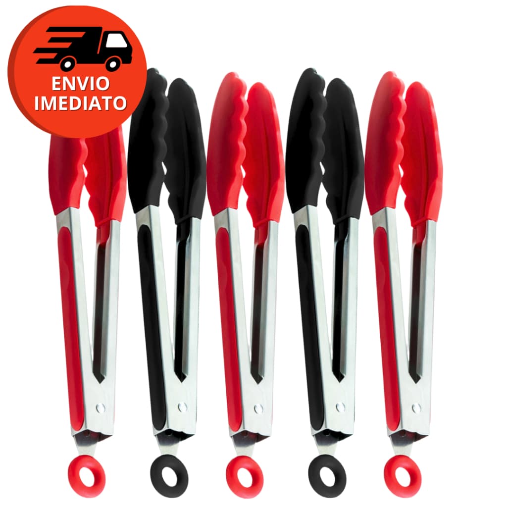 Kit Pegador Alimento 27Cm Inox E Silicone Com Apoio Salada Carne Churrasco Massa Cozinha Restaurante