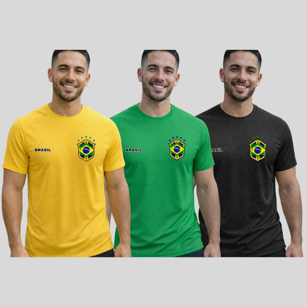 Kit 3 camisetas Dry Fit Brasil Camisas draifit para Copa Tecido Colméia Com Proteção Uv