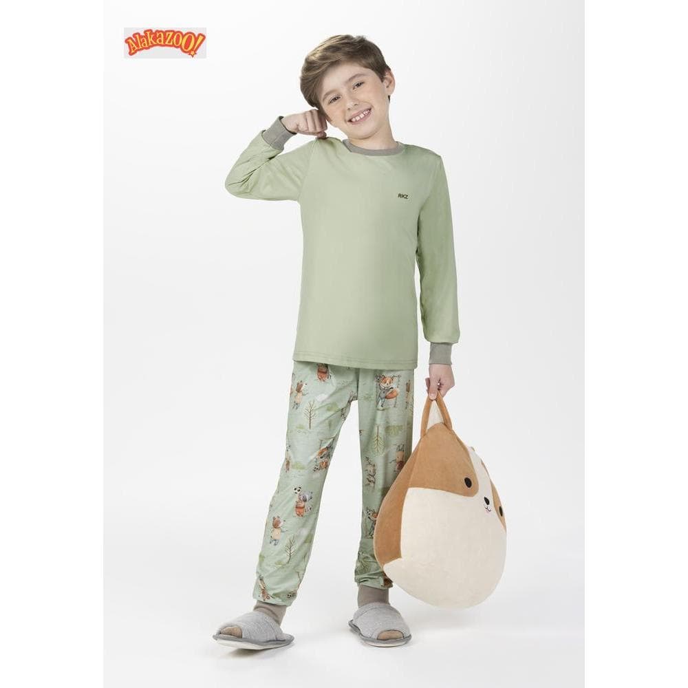 PIJAMA INFANTIL ALAKAZOO MALHA VERDE ESTAMPA ANIMAIS MANGA LONGA CONFORTÁVEL