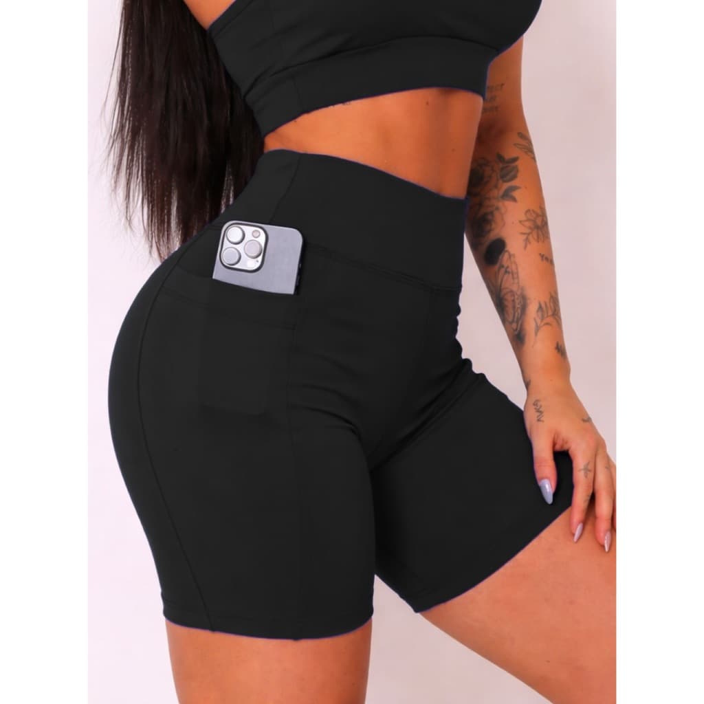 Short Calção Feminino Fitness com Bolsos Laterais Academia Corrida Caminhada Compressão Zero Transparência