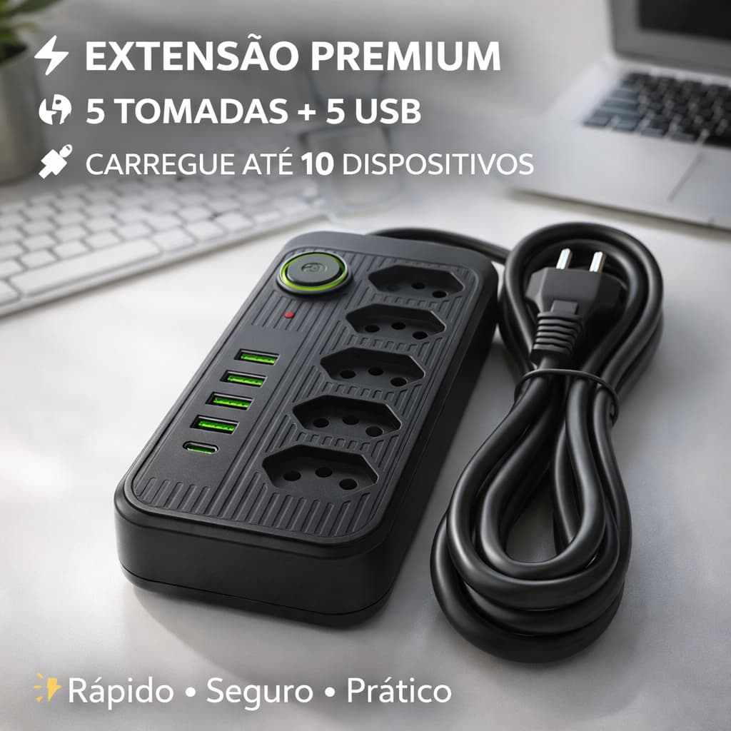 Filtro de linha Extensão com 5 tomadas + 4 usb cabo 2 metros Cor Preto