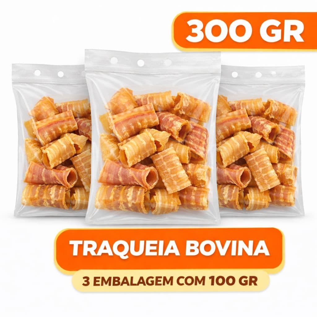 Mordedores Traqueia Bovina Desidratada 100% Natural Petisco Saudável Cachorros e Gatos 3 EMABALAGEM C/100Gr