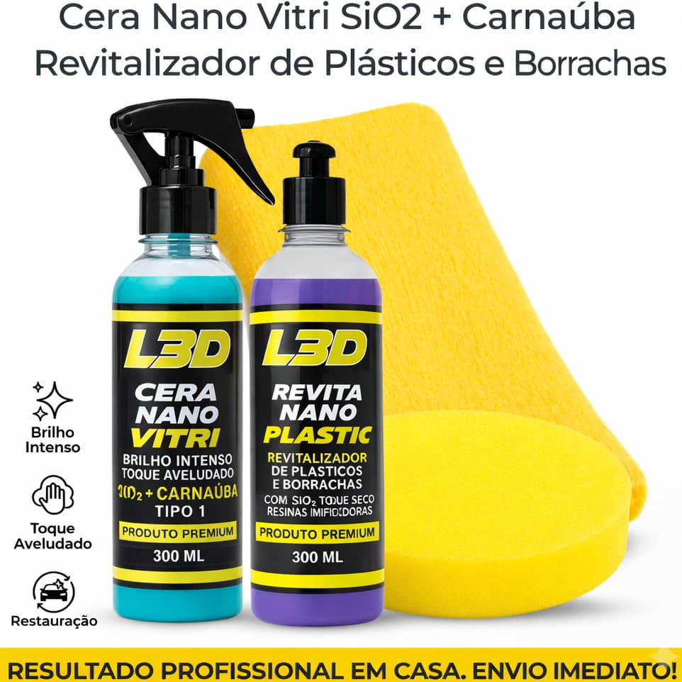 Kit Renovação Automotiva Premium L3D - Cera Automotiva + Revitalizador Plásticos Interno/Externo