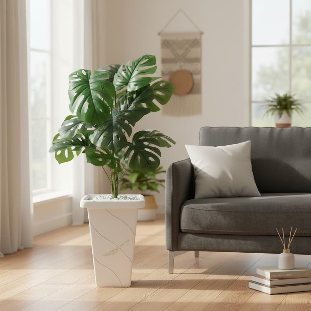 Planta Artificial 1 Metro Arranjo Costela de Adão + Vaso Grande Decorativo