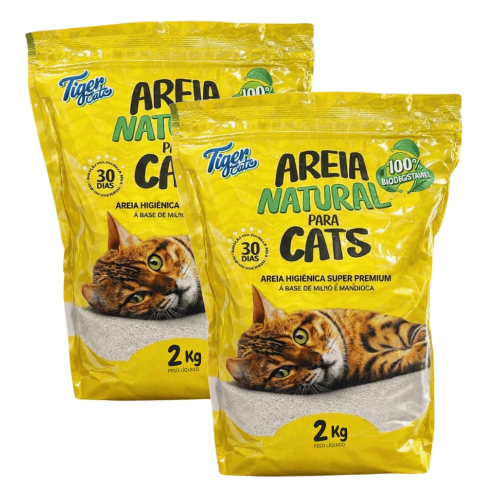 KIT COM 2 AREIA HIGIÊNICA NATURAL BIODEGRADÁVEL MILHO E MANDIOCA PARA GATOS TIGER CATS 2KG