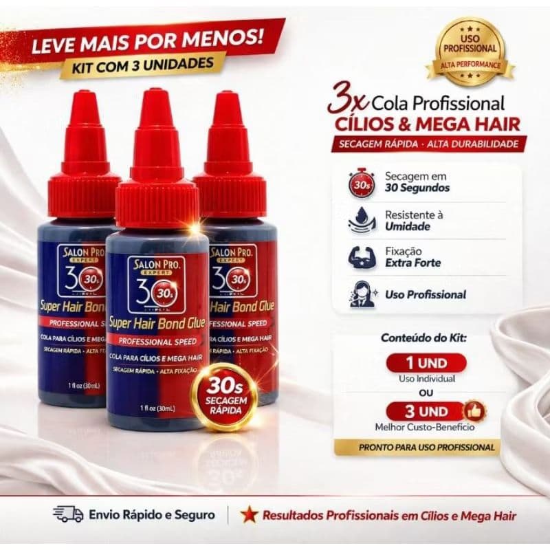 Cola Profissional 30s Para Cílios e Mega Hair – Fixação Forte Secagem Rápida (1 ou 3 Unidades)