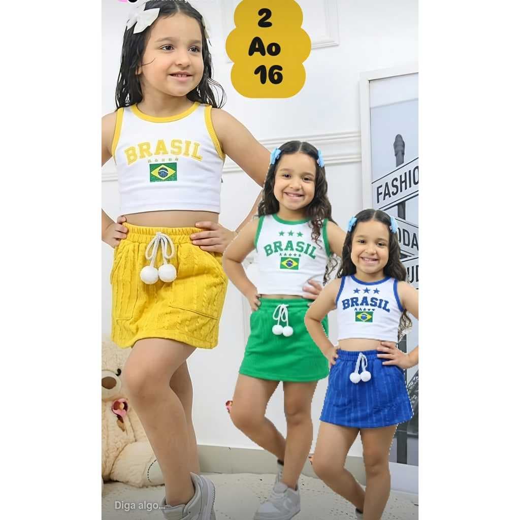 Conjunto Feminino Short‑Saia + Regata Brasil 🇧🇷 | Torcida Copa ⚽🔥 | Tamanhos 2 ao 16