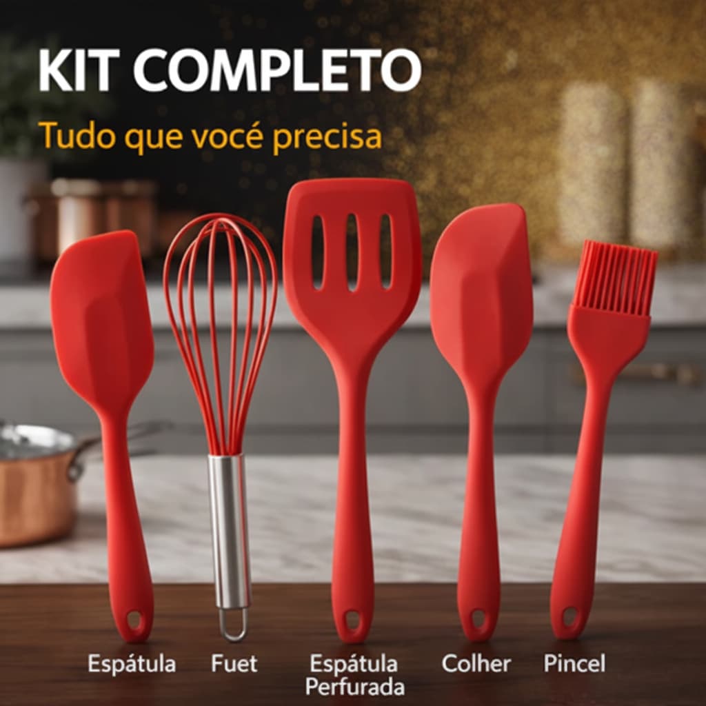 Kit Silicone Cozinha 5 Peças Sortido com Pincel, Batedor, Espátulas Pequena, Bolo, Vazada \Conchas