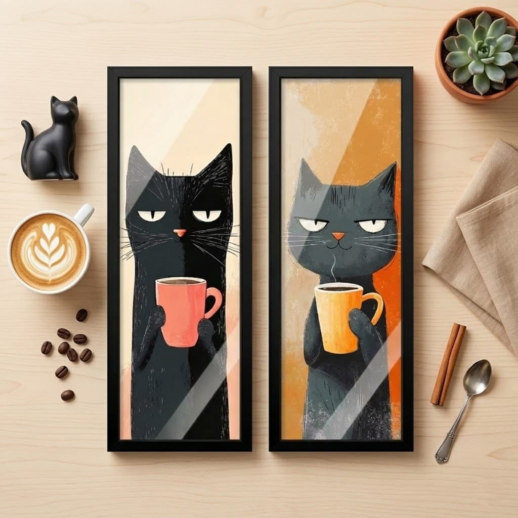 Kit 2 quadros 18x45 cm, cozinha, cantinho do café, gatos, moldura e vidro