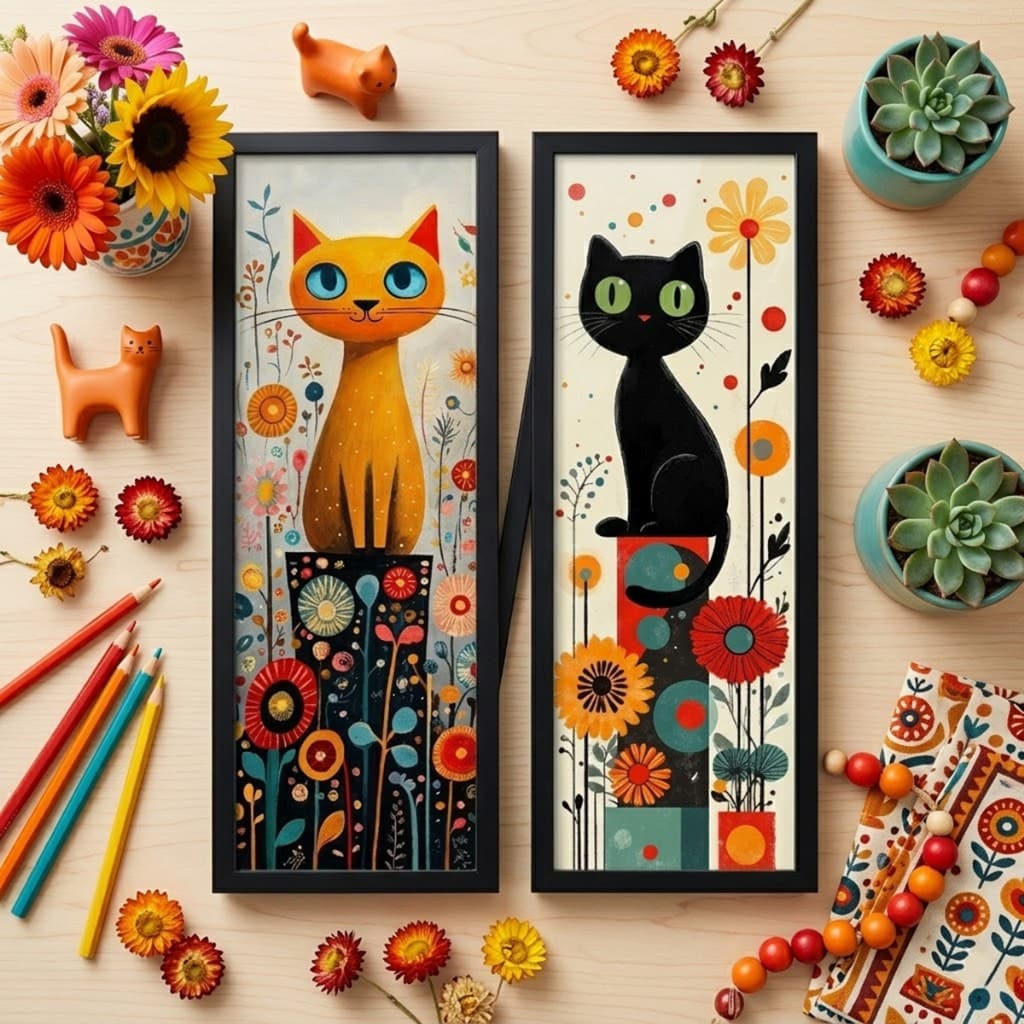Kit 2 Quadros 18x45 cm Sala, Varanda, Gatos, Flores, moldura e Vidro