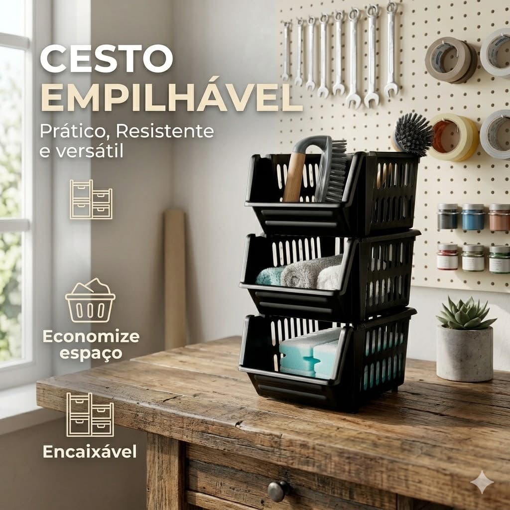 Kit 5 Cestos Gaveteiro Empilhável Bin Plástico Preto Aumento Estoque Loja Comercio Organizador