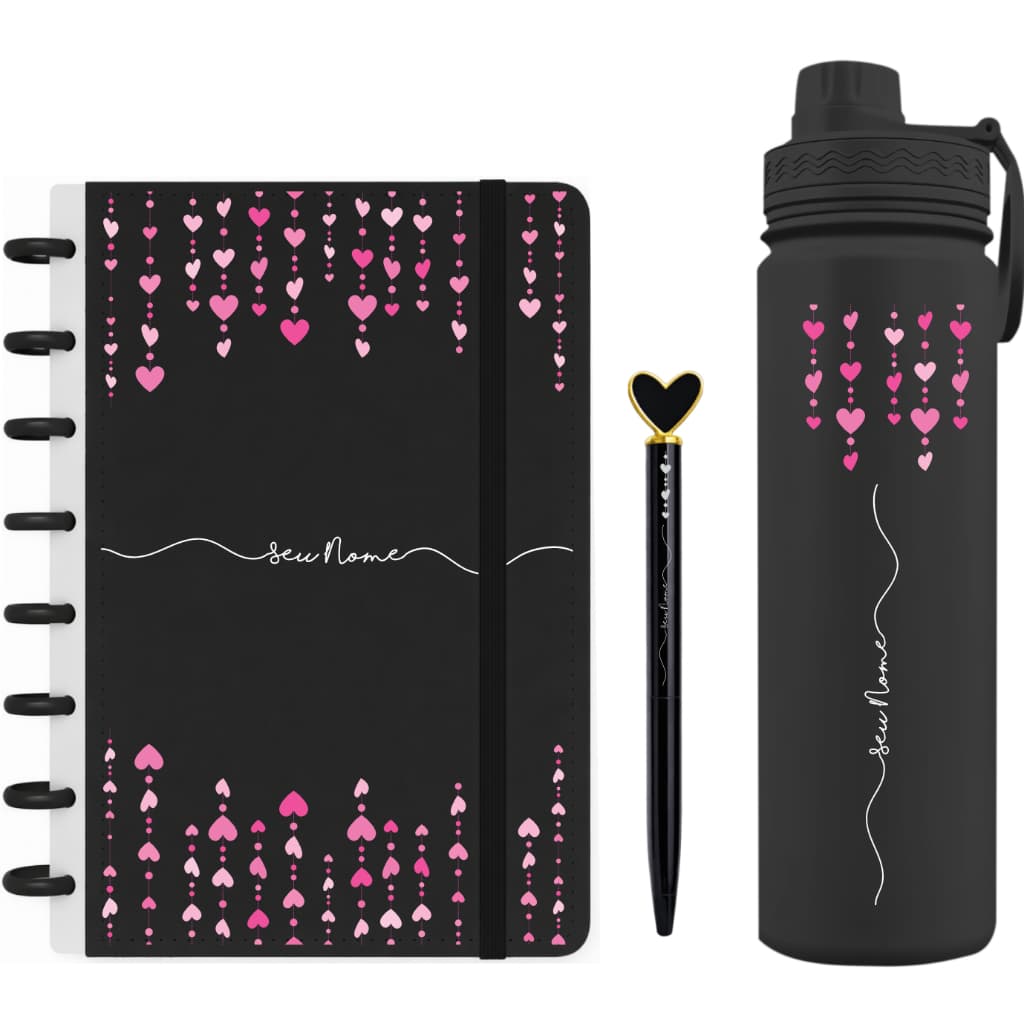 Kit Personalizados Caderno de Discos + Garrafa Fresh Térmica 550ml + Caneta - Kit Chuva de Corações Preto - K02