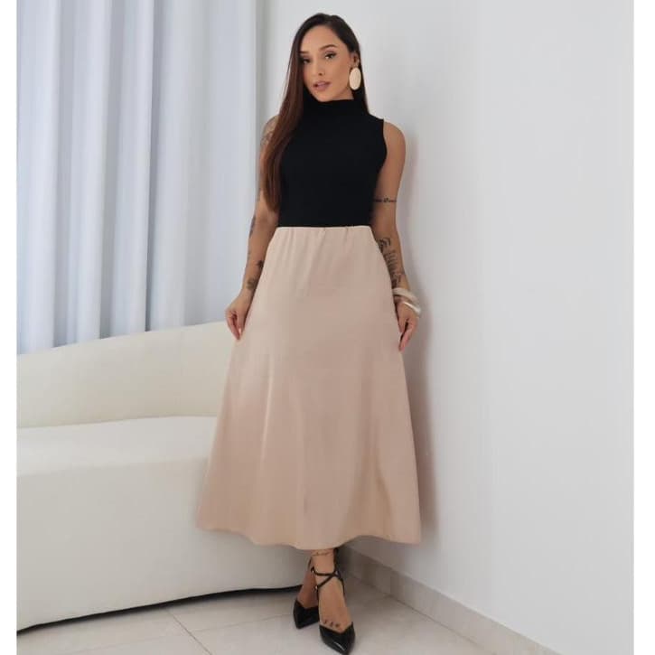 Saia Cetim Elegante Longa Feminina Moda Evangélica Casual Básica Cintura Alta P M G