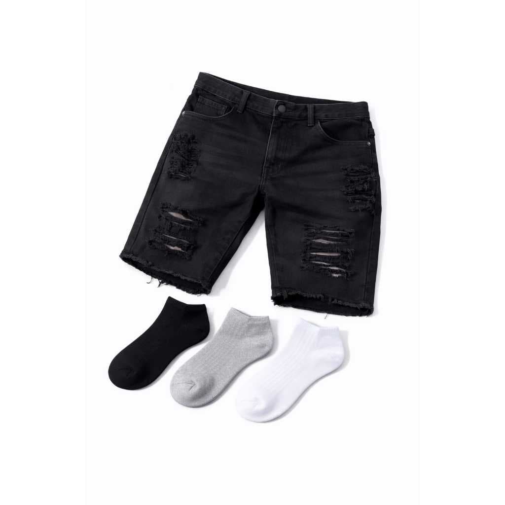 Bermuda Jeans Masculina Preta Rasgada Shorts Moda Masculina + Kit com 3 Meias