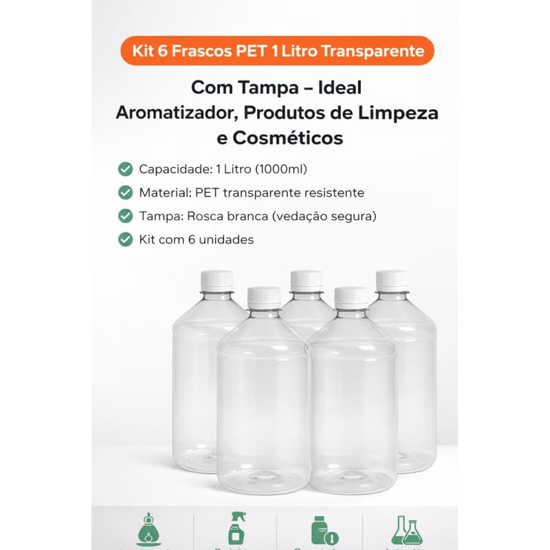 KIT 6 FRASCO PET TRANSPARENTE 1 LITRO RESISTENTE