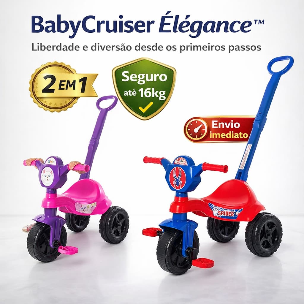 Carrinho Infantil 2 em 1 Passeio e Pedal com Haste Até 16kg Criança 12 a 36 Meses Seguro e Resiste