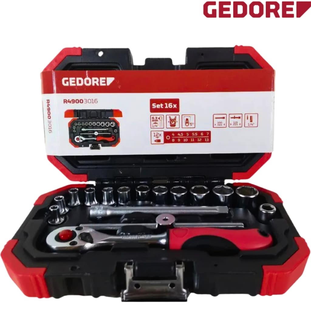 Jogo De Soquetes Sextavado 1/4 Gedore Com 16 pcs R49003016