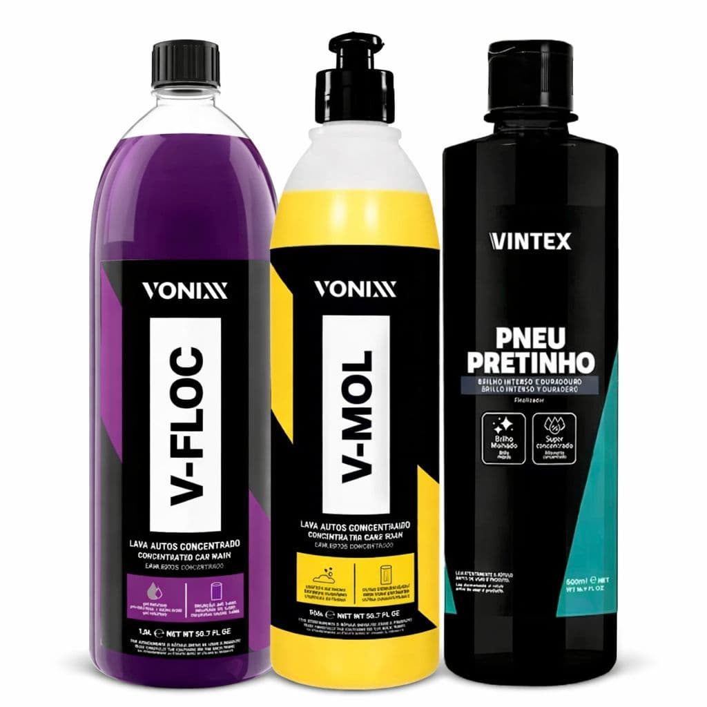 Kit Automotivo V-MOL + V-FLOC + Pneu Pretinho 500ml – Limpeza Completa e Brilho