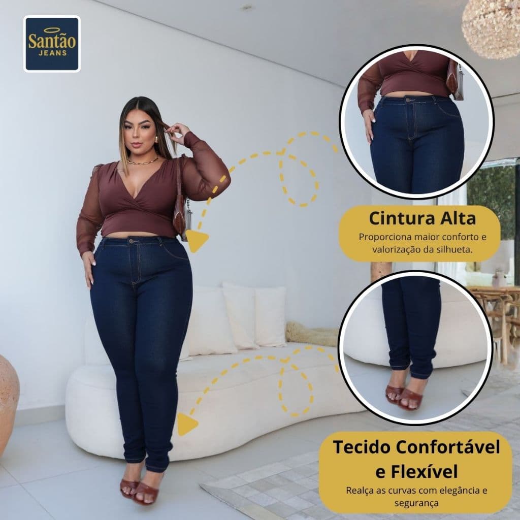 Calça Jeans Feminina Plus Size Skinny Cintura Alta Empina Bumbum Com Elastano Premium 46 ao 54
