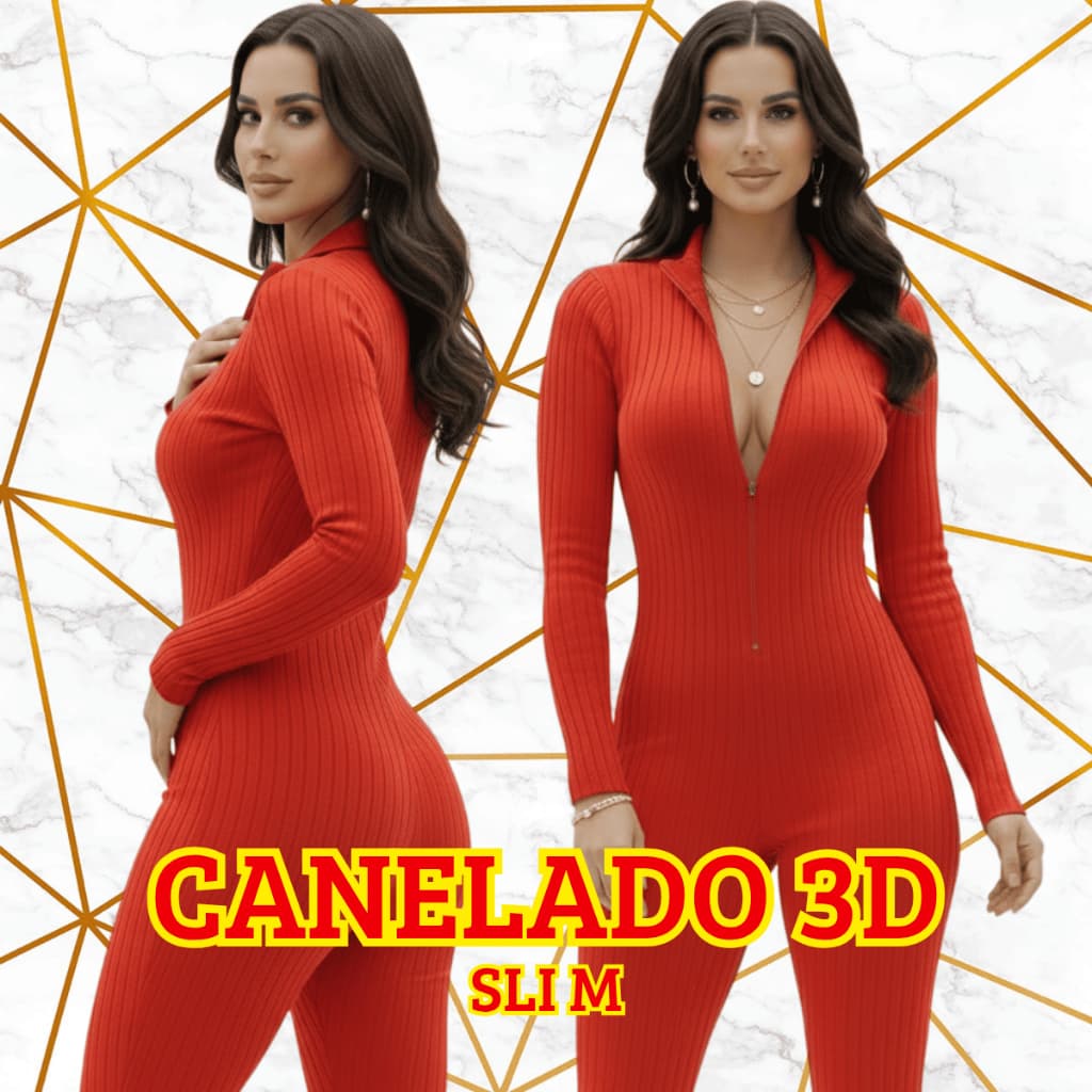 Macacão 3D Canelado Virgínia 😝😲 Vermelho Manga Longa Gola Alta Com Zíper Invisível Fitness Academia