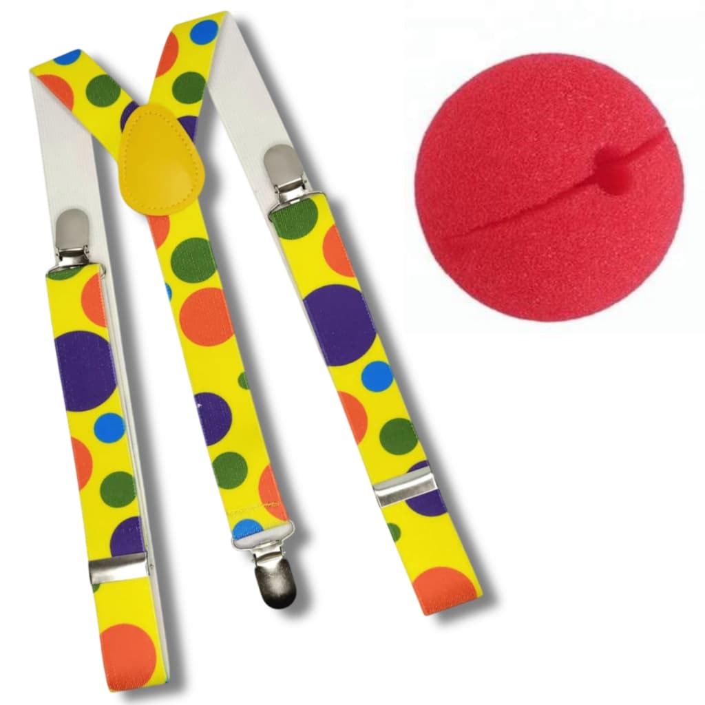 Suspensório de Palhaço + Nariz de Espuma de Palhaço, Acessórios de Fantasia de Palhaço - 2 Peças