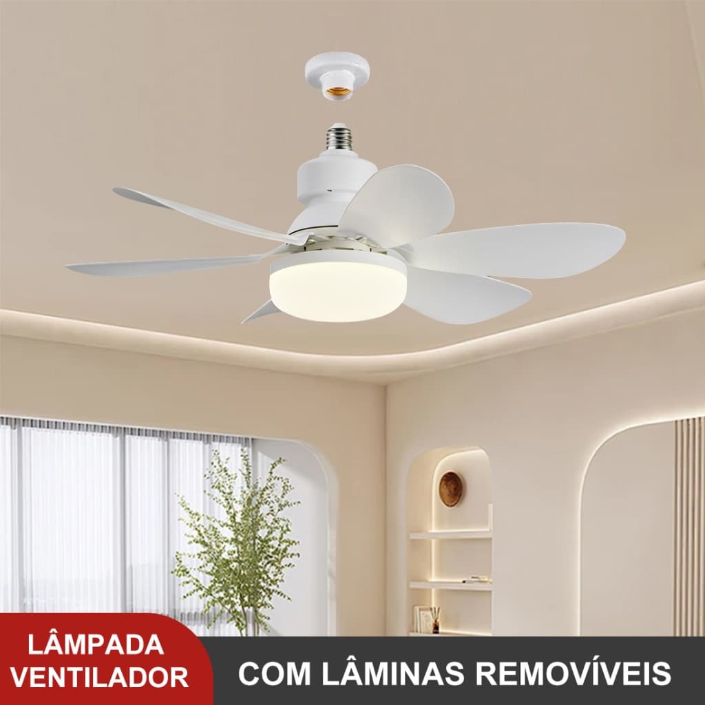 Ventilador Lâmpada De Teto LED Silencioso Moderno e com Controle Remoto 6 Hélices Bivolt Prática Instalação E27