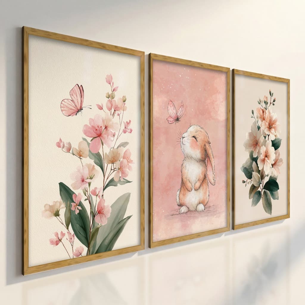 Quadros Decorativos Infantil Menina Kit 3 Peças Coelhinho Flores Borboleta Quarto Bebê Rosa
