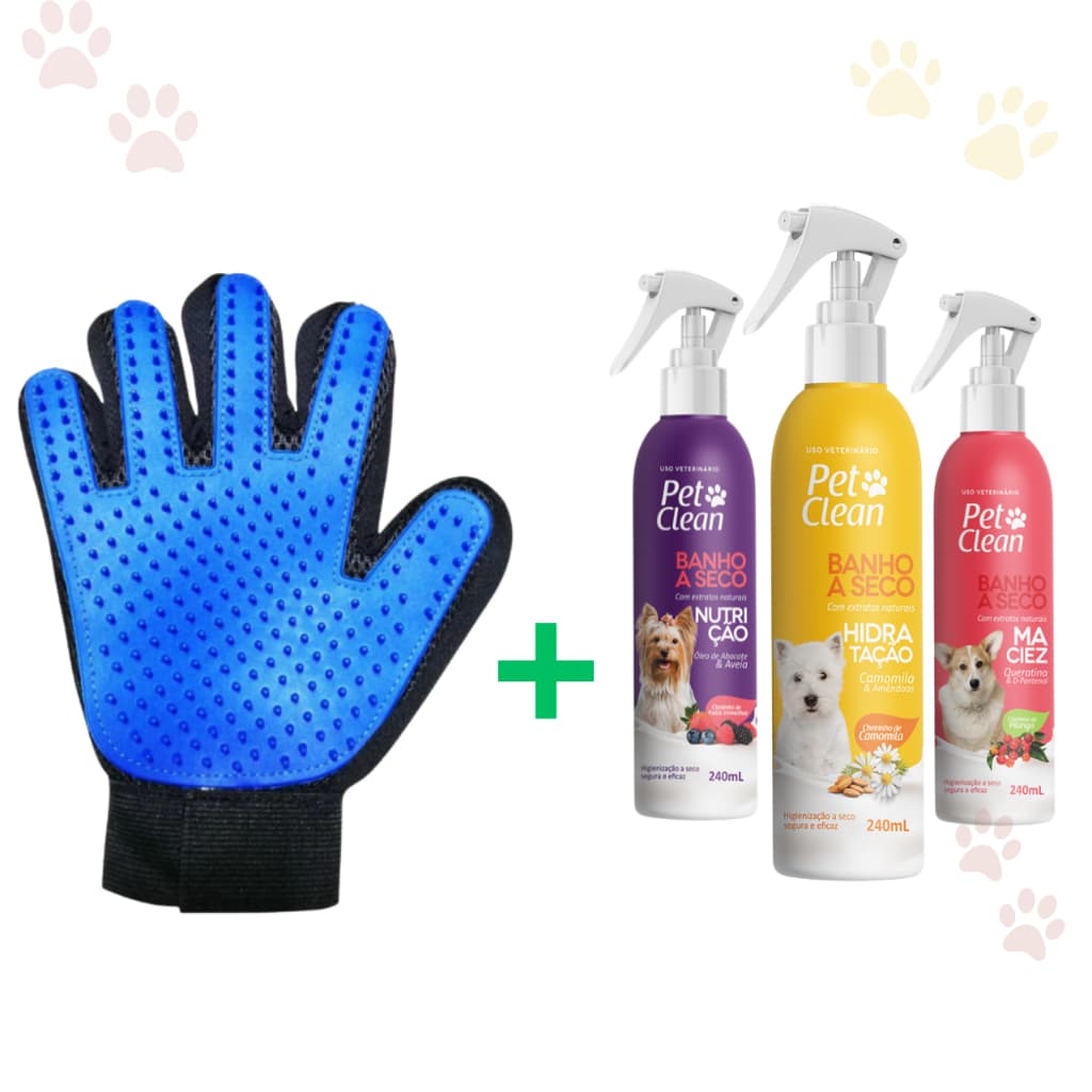 Kit Higiene Pet – Luva Tira Pelos + Banho a Seco Pet Clean Cães e Gatos