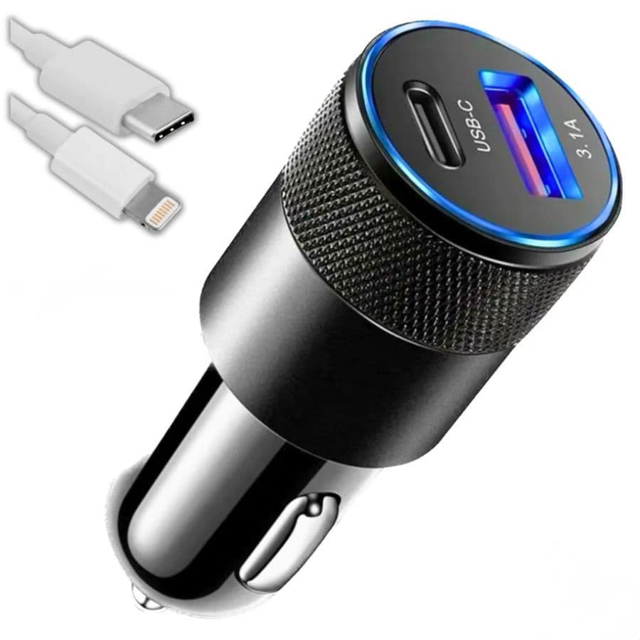 Carregador Veicular USB + Tipo C Turbo Rápido 3.1A 12V 24V Para iPhone Android Carro