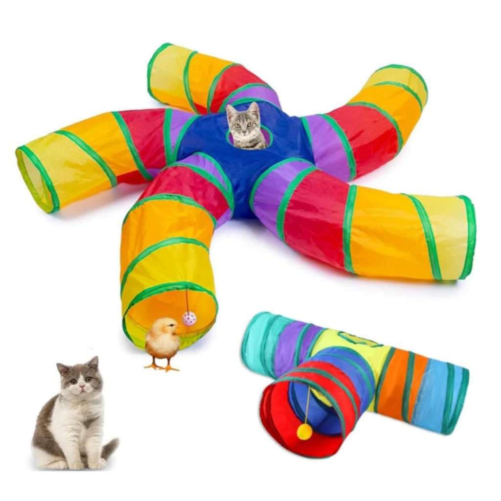 Túnel Dobrável para Gatos em T | Brinquedo com 3 Saídas e Janela, Diversão Felina--1238