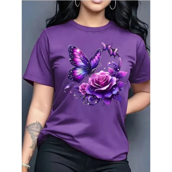 Camiseta Feminina Borboleta Roxa 100% Algodão Premium T shirt Moda  Manga Curta Estampada