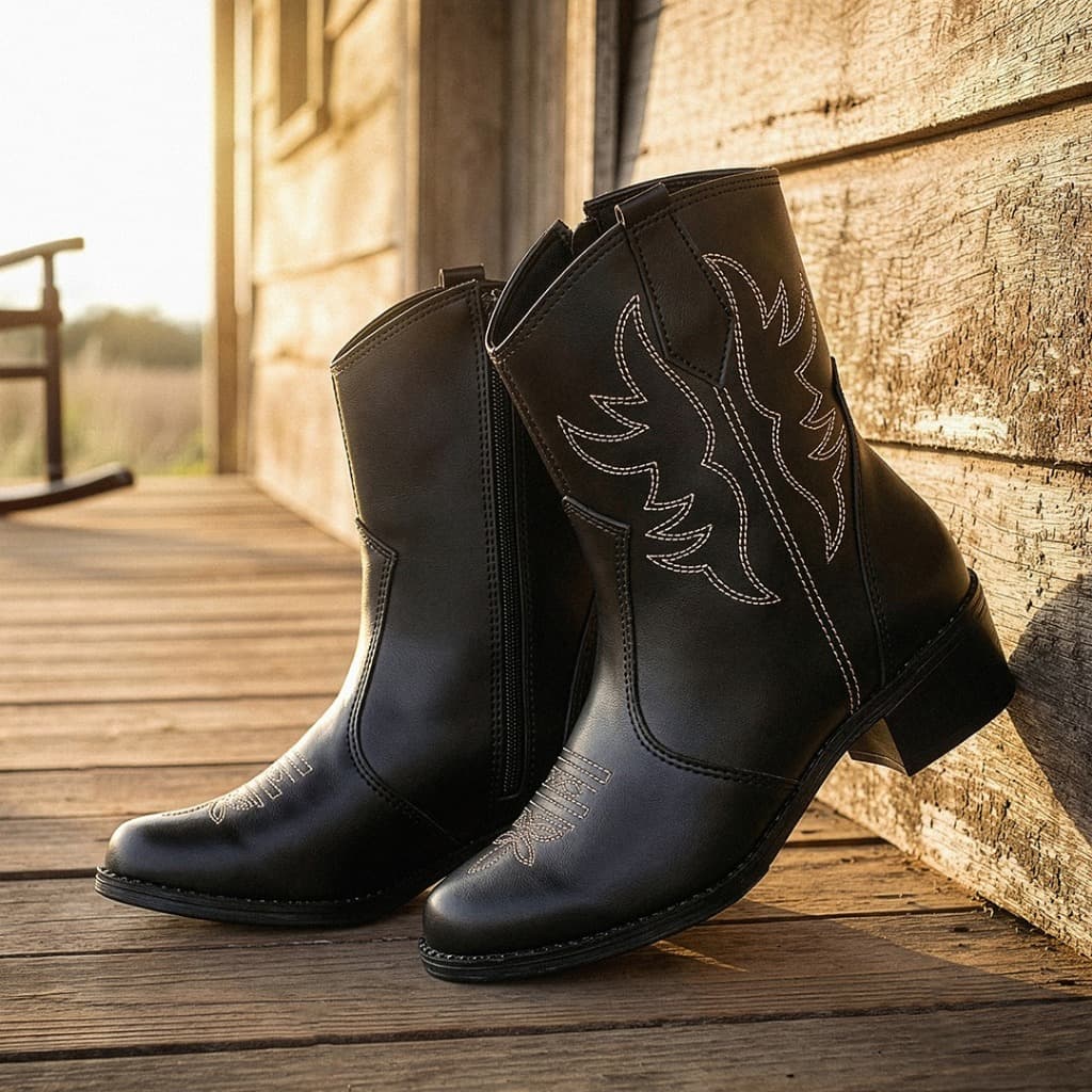 Bota Western Feminina Cano Curto Country Moderna Com Zíper Salto Baixo Confortável