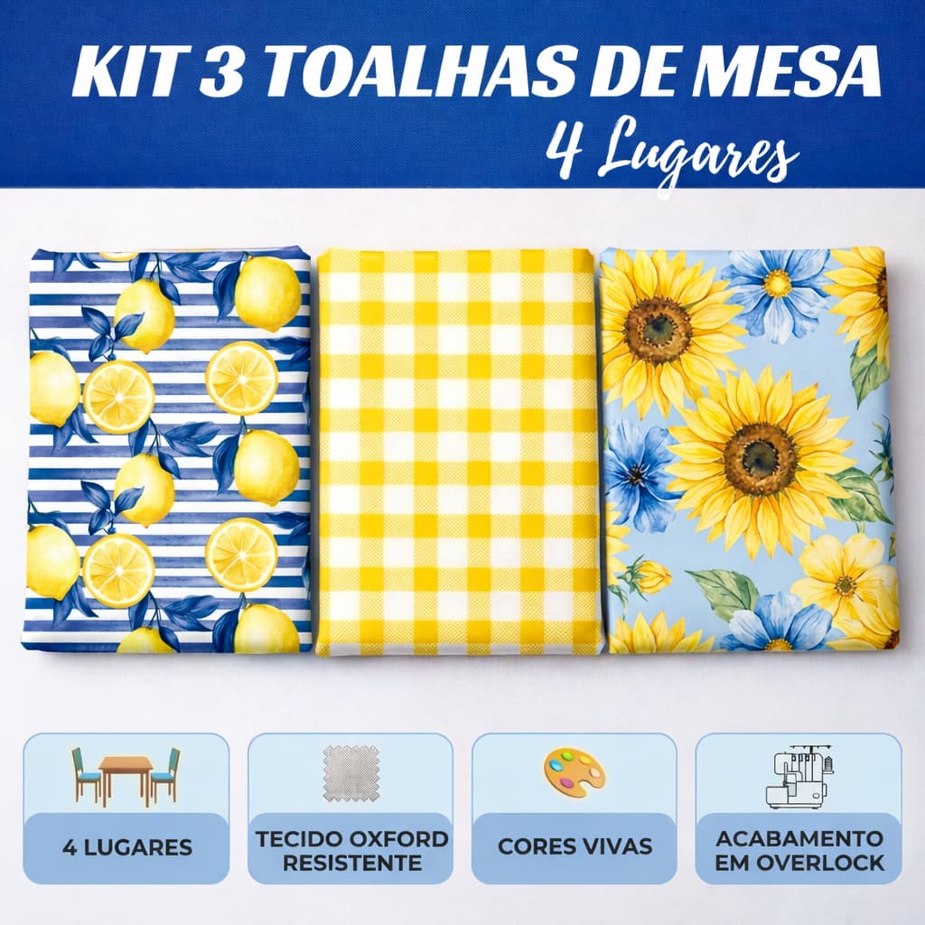 Toalha de Mesa Retangular 4 Lugares Tecido Oxford Resistente Kit com 3 Lindas Estampas para  Cozinha