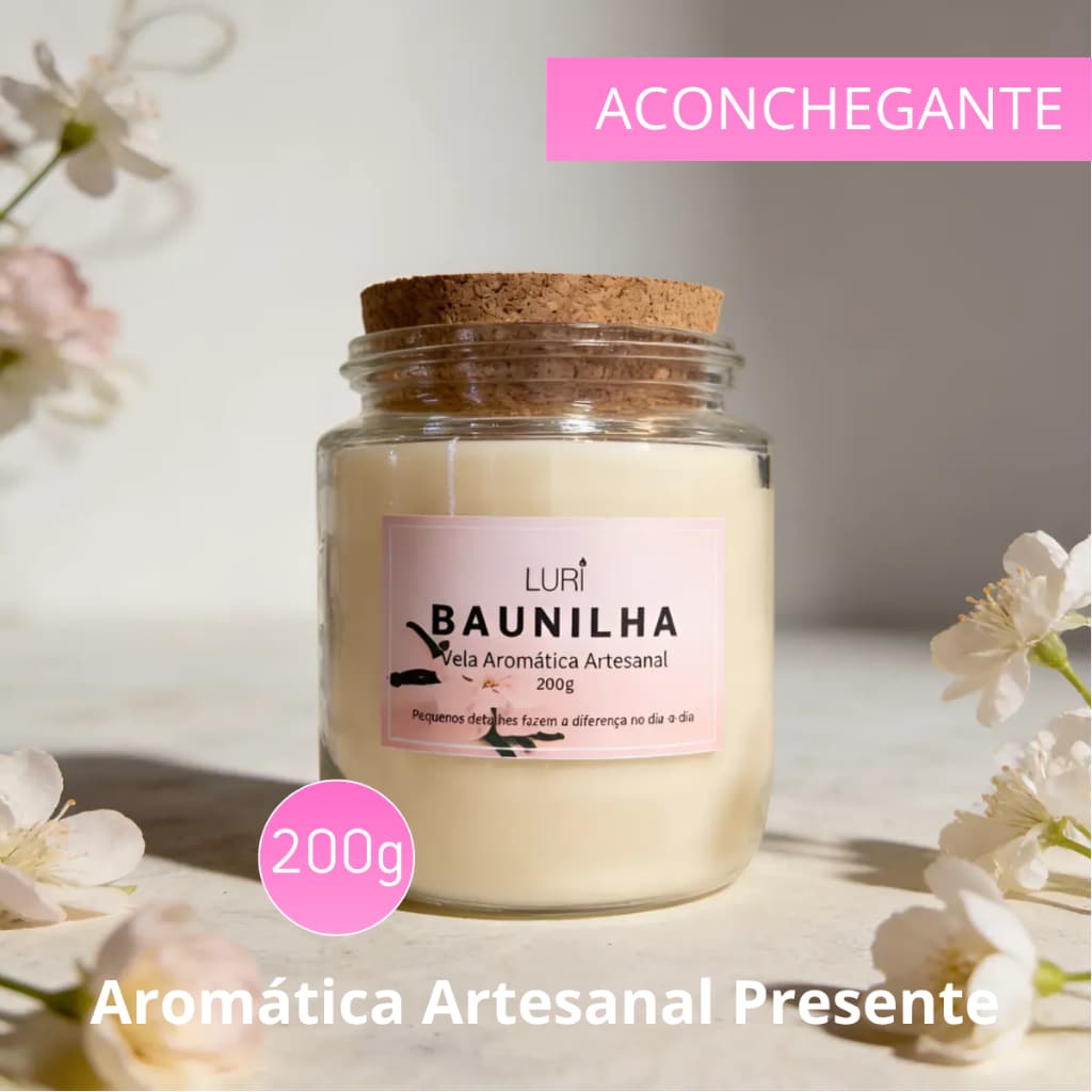 Vela Aromática Baunilha 200g Aroma Intenso Relaxante Presente Decorativo LURI
