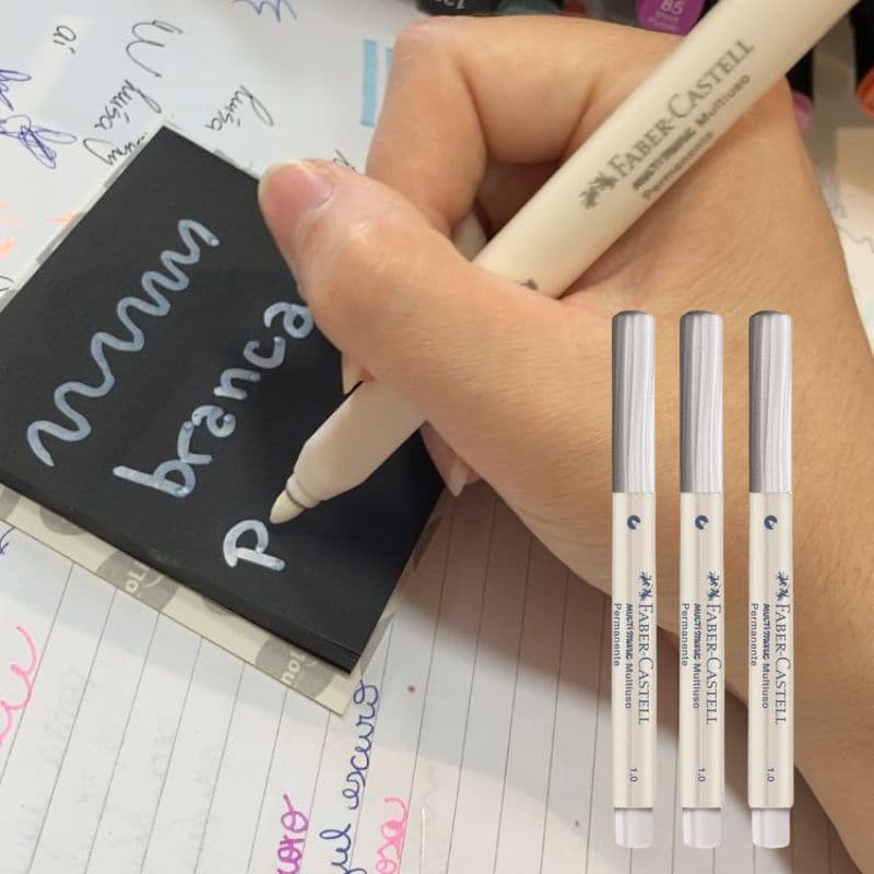 Kit 3 Caneta Branca Marcador Permanente MultiMark 1,0 mm Faber-Castell Marcação Giz Branco Desenhos