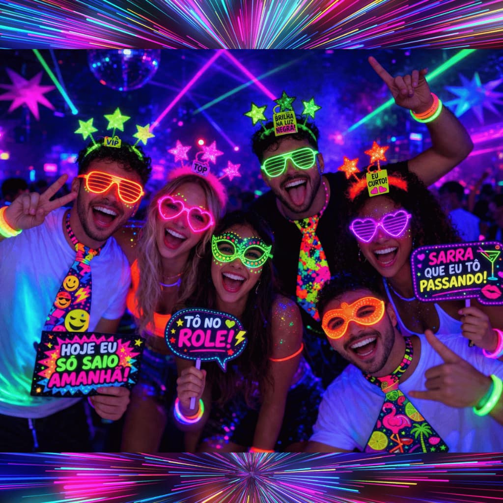 Kit's Balada 150 peças Máscara Óculos Plaquinha Tiara Marabu Pluma Gravata Pulseira Neon Festa Casamento Completo