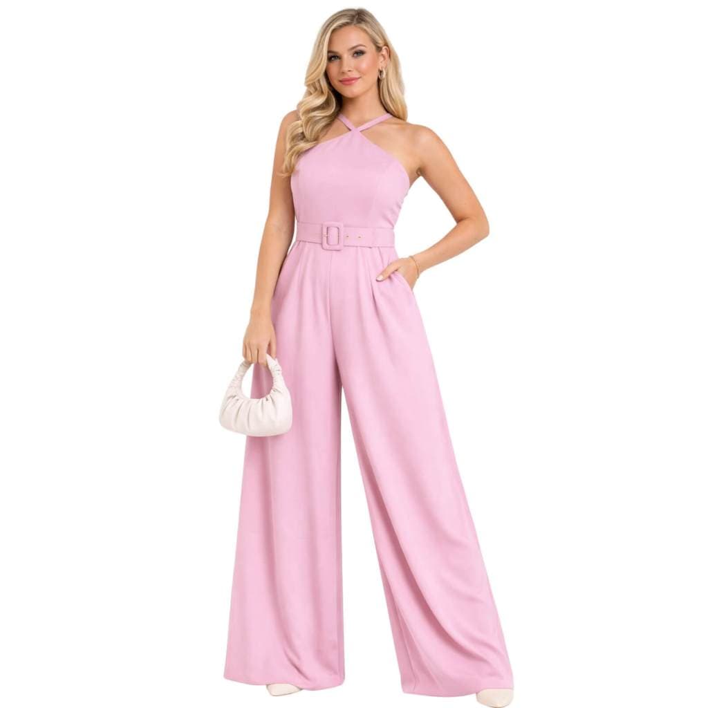 Macacão Feminino Pantalona Longo Social Chic Decote Halter Cintura Ajustada Elegant