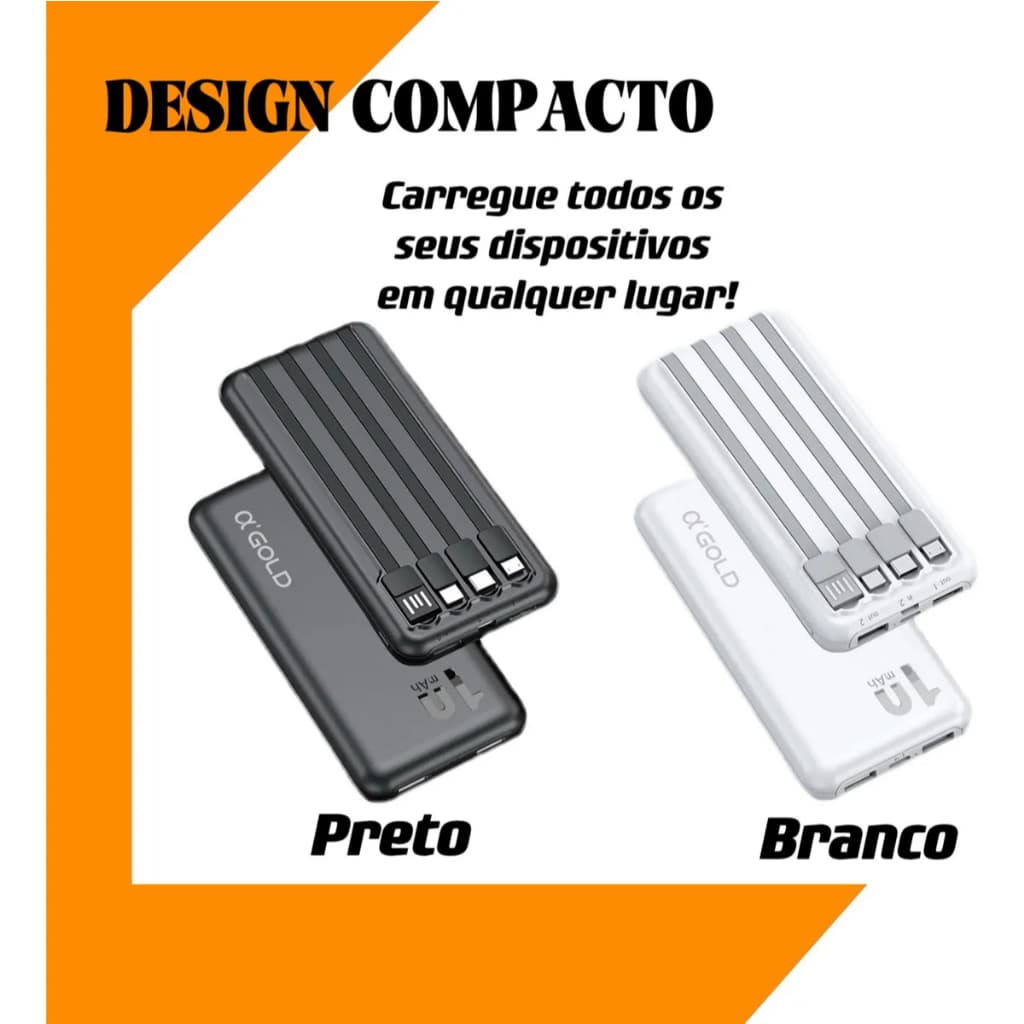 Carregador Portátil Power Bank Agold Bte-29 10000mah 4 Em 1 Cor Branco PRETO
