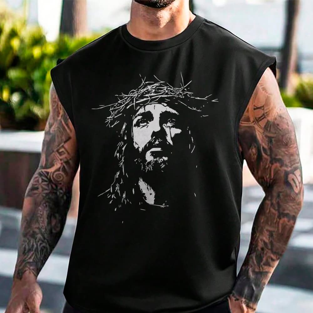 Camiseta Regata Machão Rosto Jesus Cristo Estampa Fé Minimalista Elegante 100% Algodão