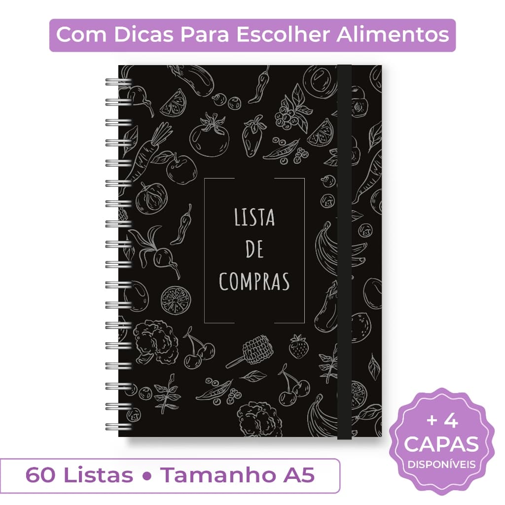 Lista de Compras Capa dura, Com bolsinho plástico, Tamanho A5, Fechamento em elástico