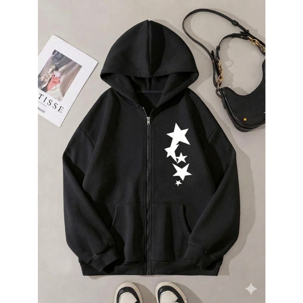 Moletom Canguru Com Zíper E Capuz Estampa Estrelas  Flanelado Streetwear Unissex Outono e Inverno