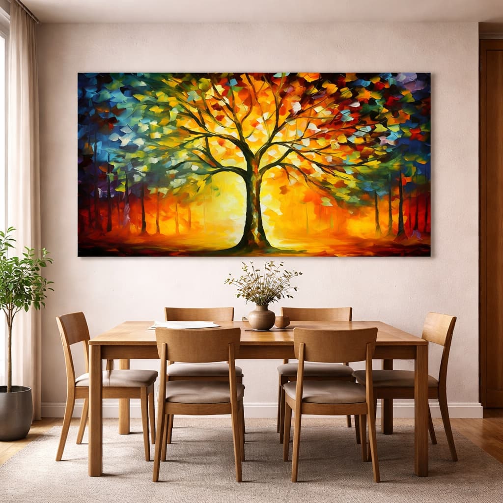 Quadro Decorativo Árvore Colorida Pintura Abstrata Vibrante Arte Moderna Horizontal Luxuosa