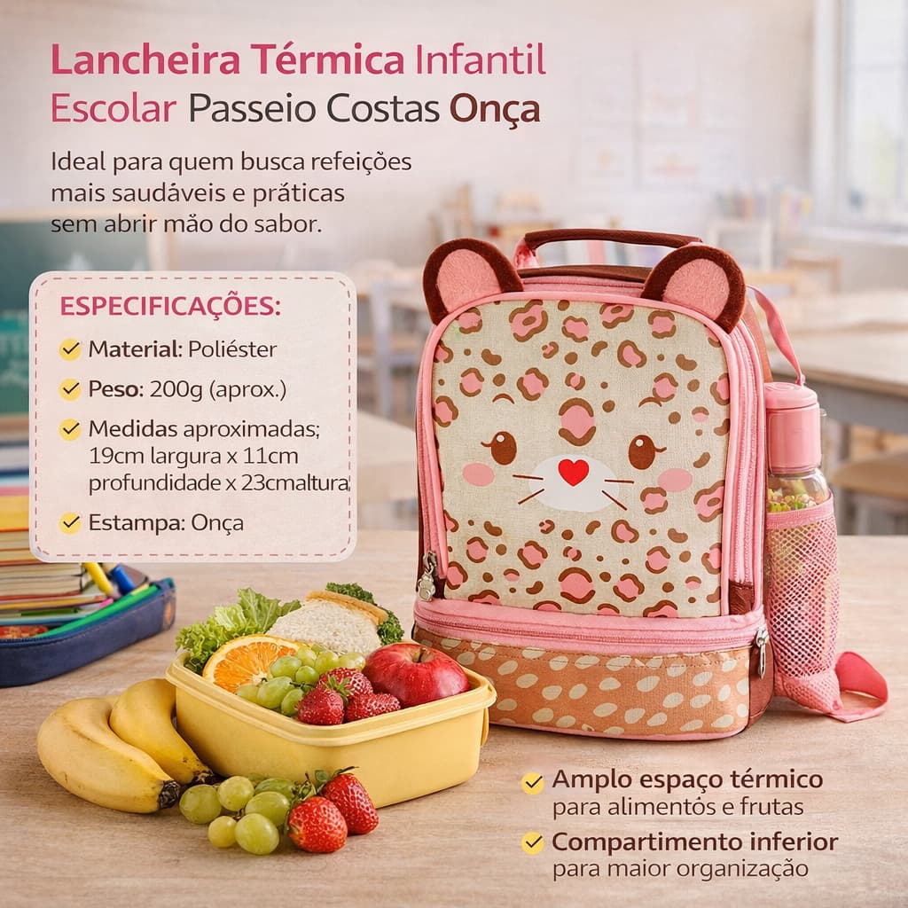 Lancheira Termica Infantil Escolar Isolada Estampa Onca Conforto Alca Ajustavel Duravel