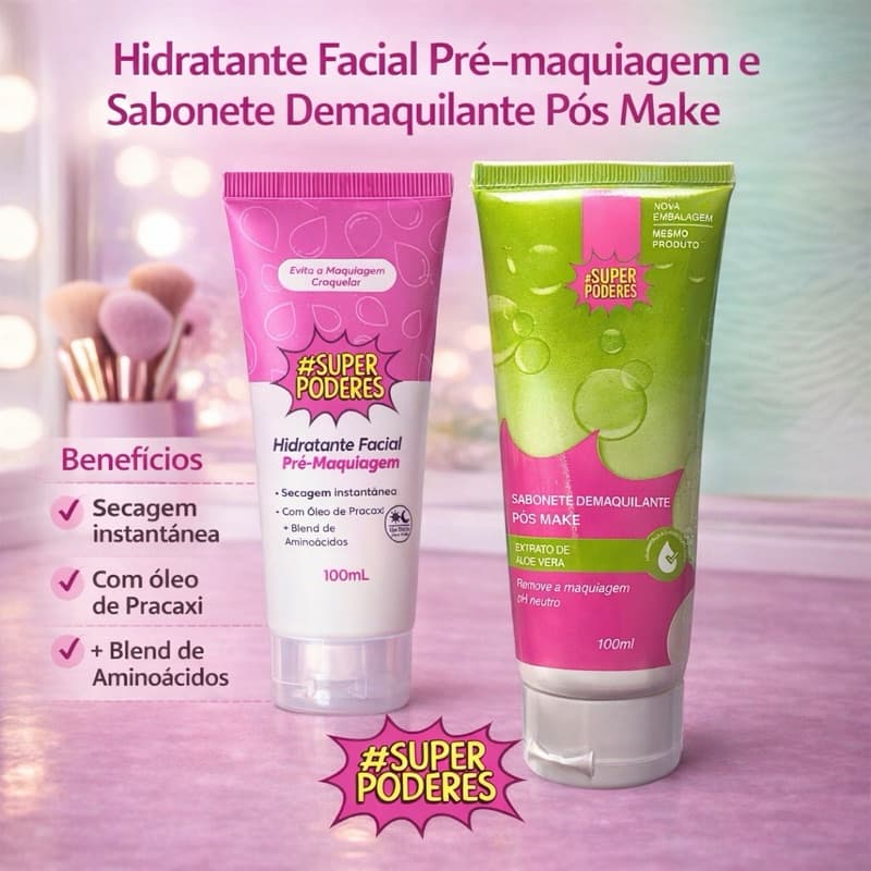 Hidratante Facial Pré Maquiagem 100 ml Não Craquela e Sabonete Demaquilante Pós Make