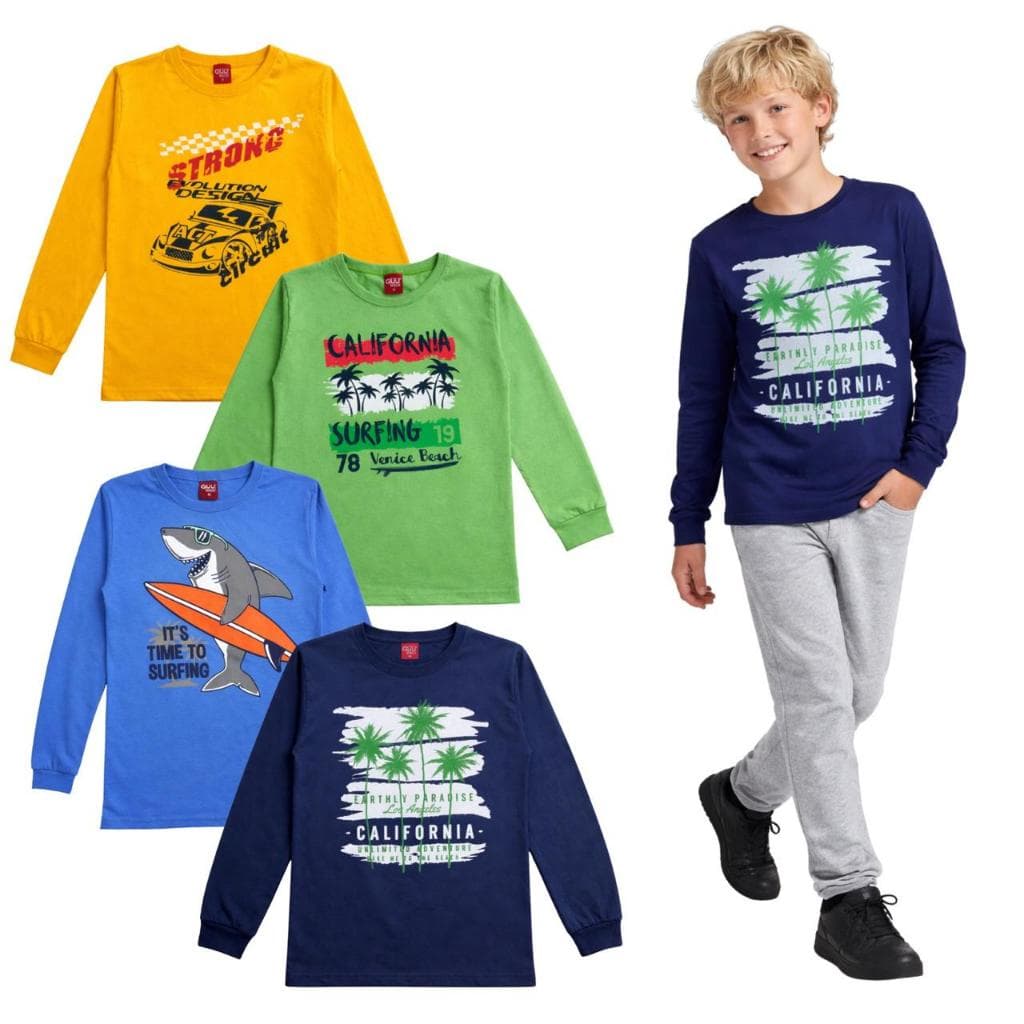 Kit 3 Camisetas Manga Longa Menino Juvenil -Meia Estação Outono Inverno - Combo 3 Camisetas Menino