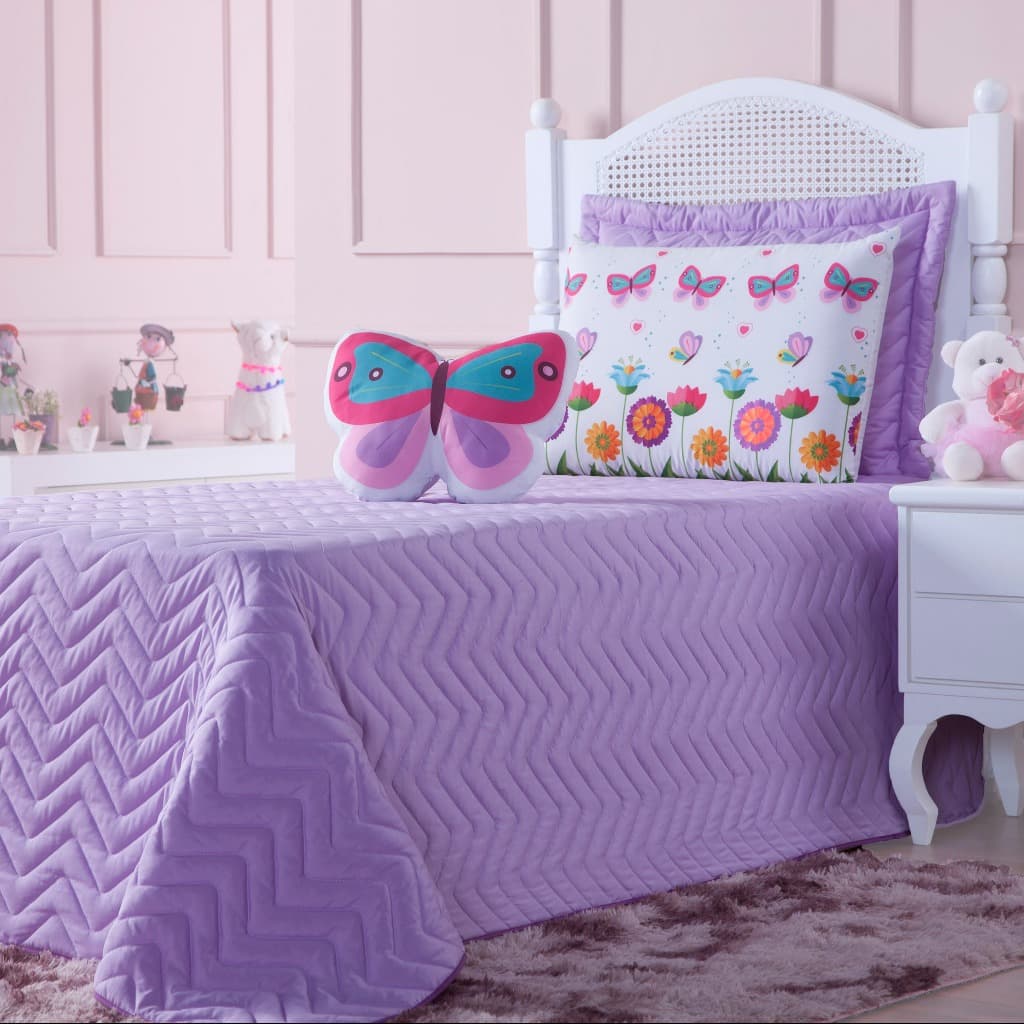 Cobre Leito Infantil Borboleta 4 Peças Lilás e Rosa Decorativo