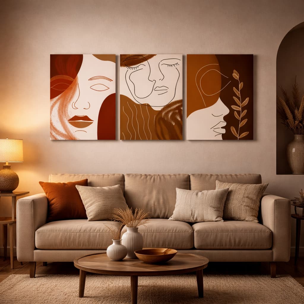 Quadro Decorativo Caras e Bocas Arte Abstrata Feminina em Tonalidades Terrosas Arte Abstrata Luxo
