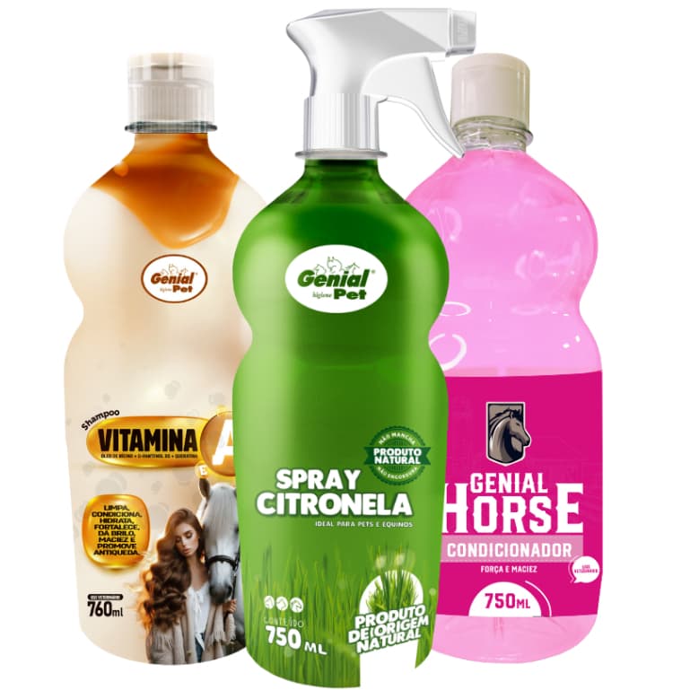 Kit Repelente Spray Citronela, Shampoo e Condicionador para Cavalos 750ml